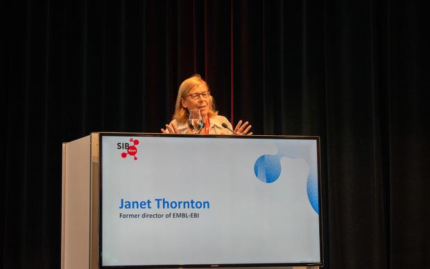 Janet Thornton giving a talk at the Swiss bioinformatics summit 2024