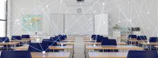 Empty Classroom With Desks And Chairs. Lines And Dots Forming A Plexus