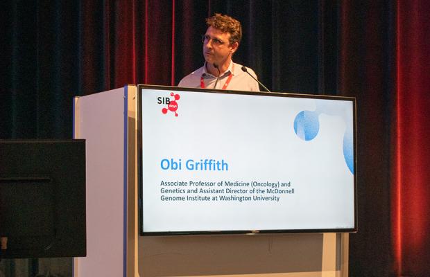 Obi Griffith giving a talk during the Swiss bioinformatics summit 2024